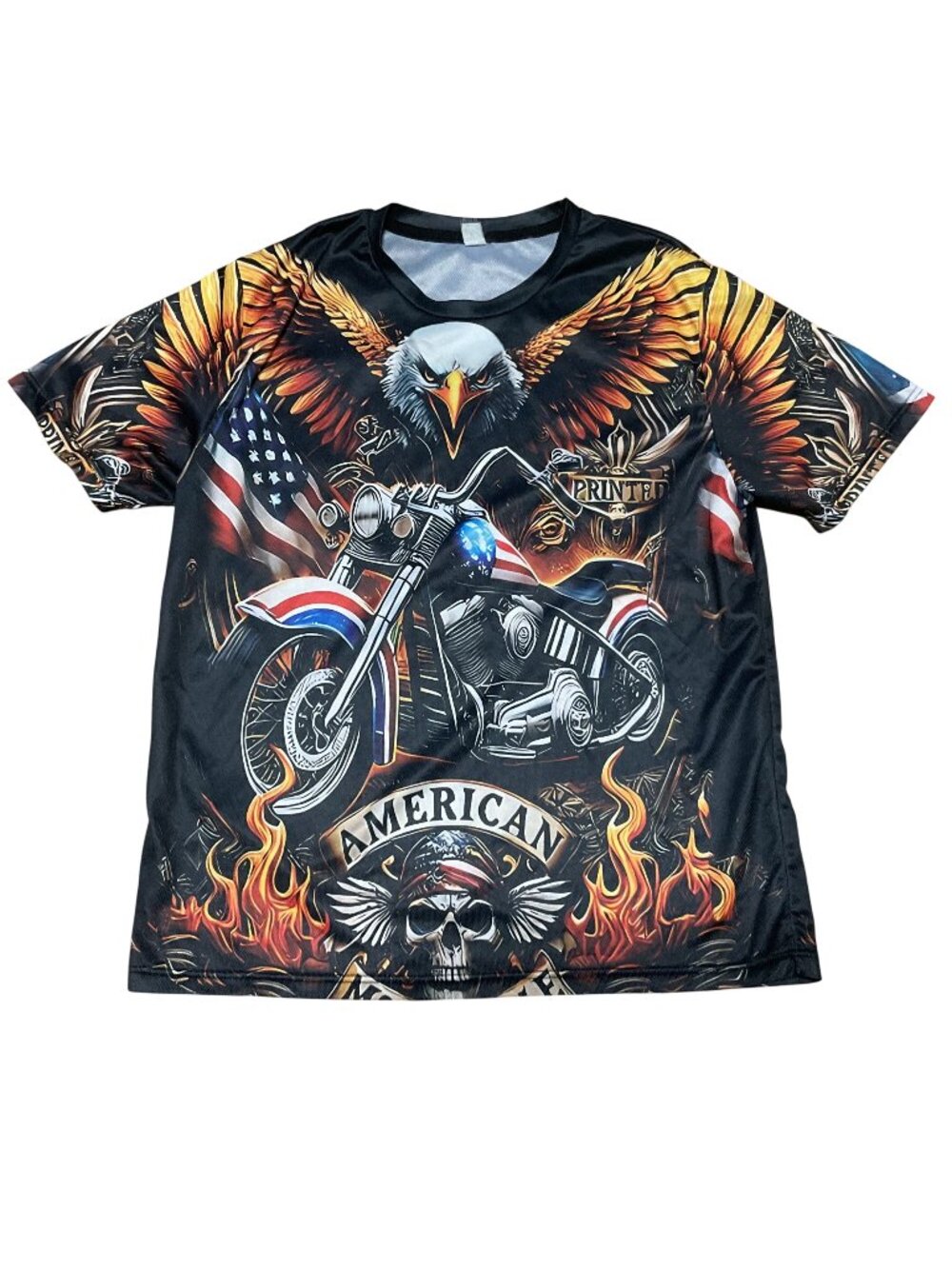 Biker Motorcycle Themed Shirt Sz XL Black Eagle Pirate Motorcycle American Flag